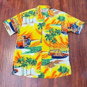 VTG Hawaiian Shirt By ZAM Sz Medium Car & Palms Trees Muti Color Read Info Blw!